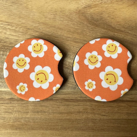 White Flowers on Terracotta Car Coasters Pack of 2, Cup Holder Coasters
