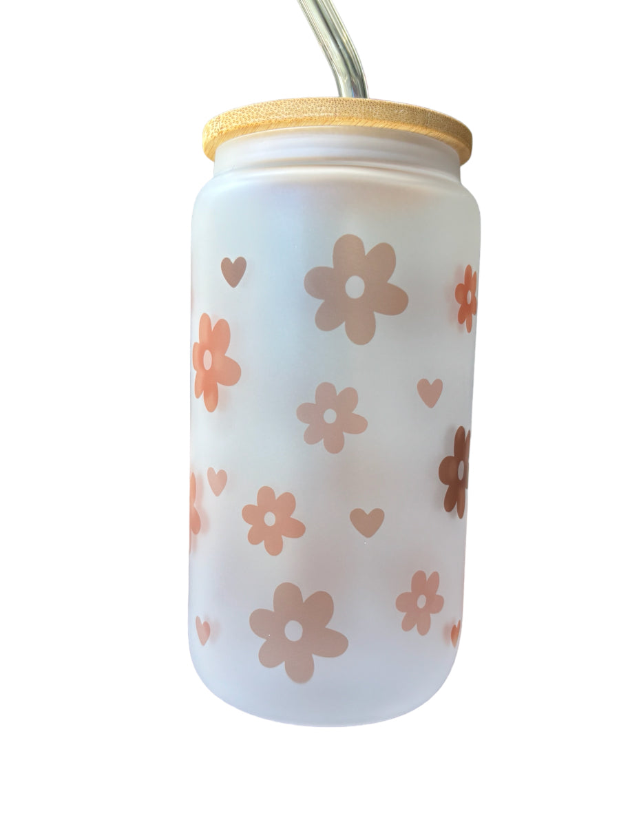 Flowers and Hearts Sublimated 16oz Frosted Libbey Glass Can with Bamboo Lid and reusable straw.