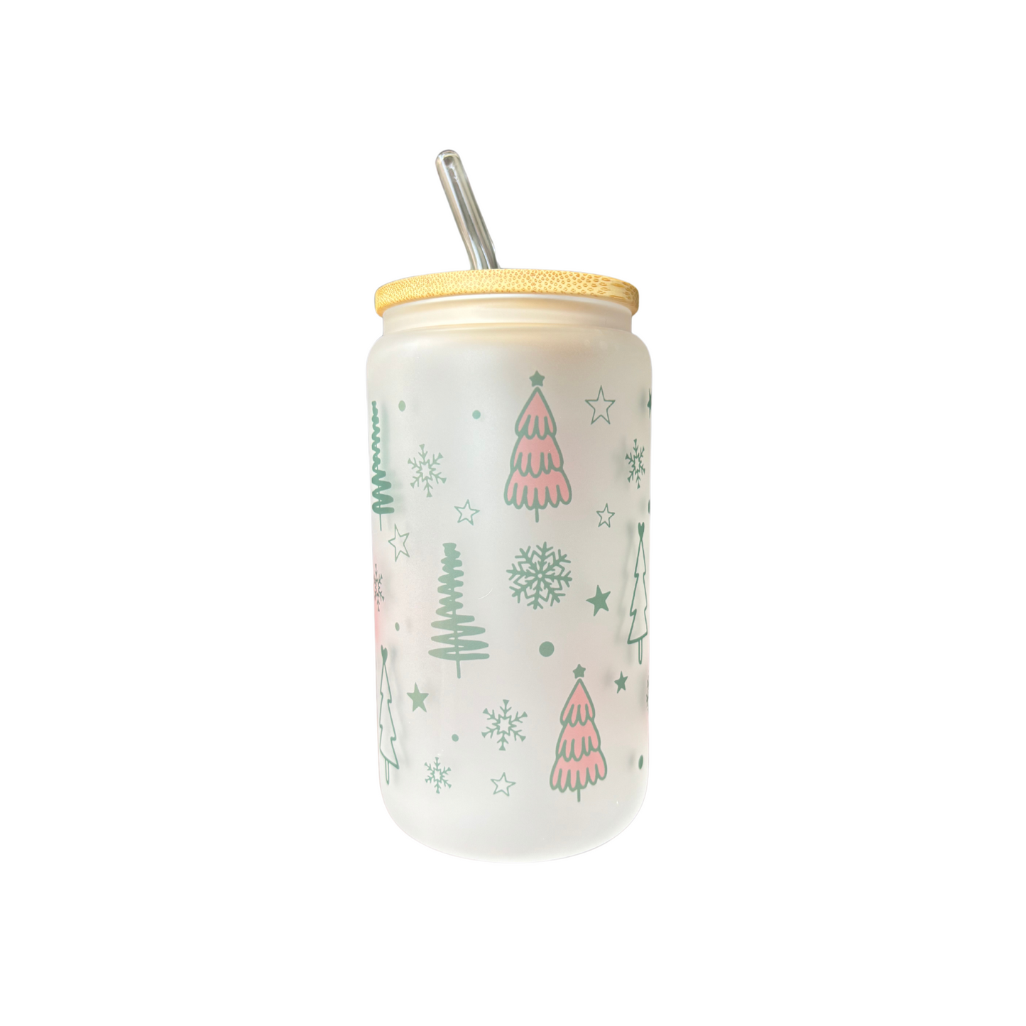 Christmas Trees Sublimated 16oz Frosted Libbey Glass Can with Bamboo Lid and reusable glass straw