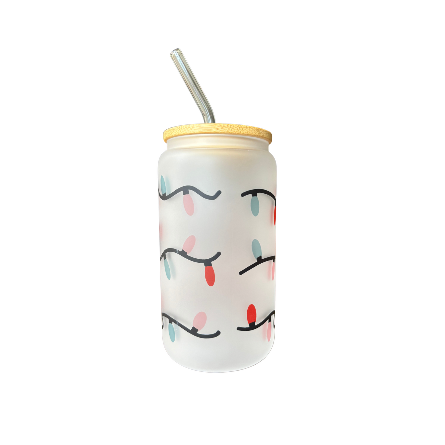 Christmas Lights Sublimated 16oz Frosted Libbey Glass Can with Bamboo Lid and reusable glass straw