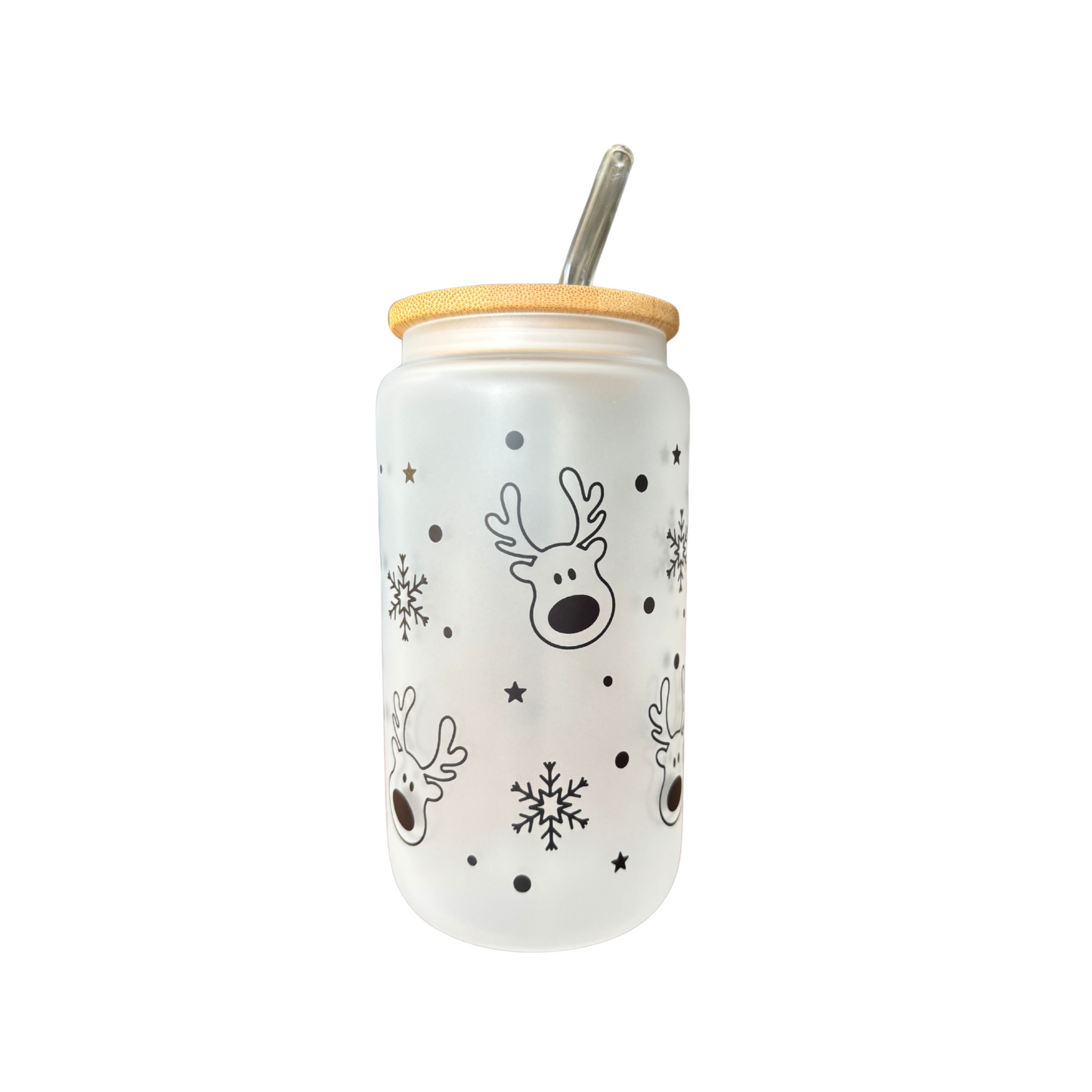 Reindeer Sublimated 16oz Frosted Libbey Glass Can with Bamboo Lid and reusable glass straw