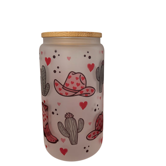 Cowgirl Sublimated 16oz Frosted Libbey Glass Can with Bamboo Lid and reusable straw.