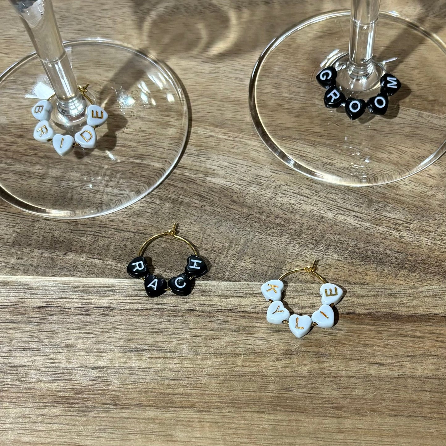 Handmade Silver or Gold Wine Glass Charms with Heart Acrylic Letter Beads to Personalise.