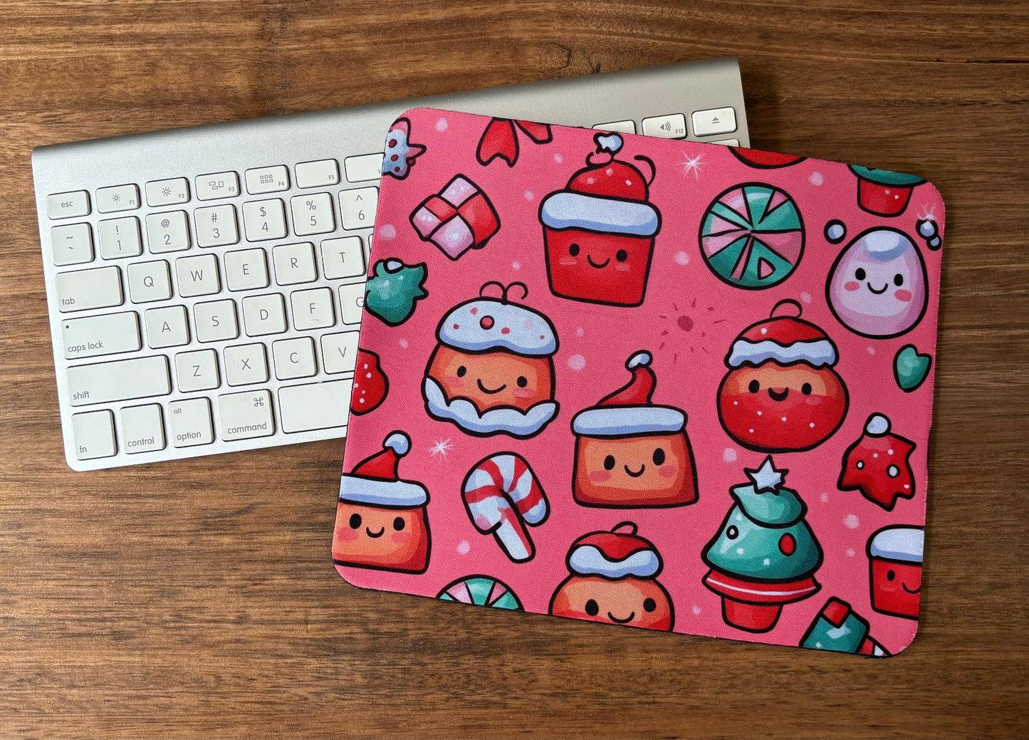Kawaii Christmas Themed Mousepad with Pink Background