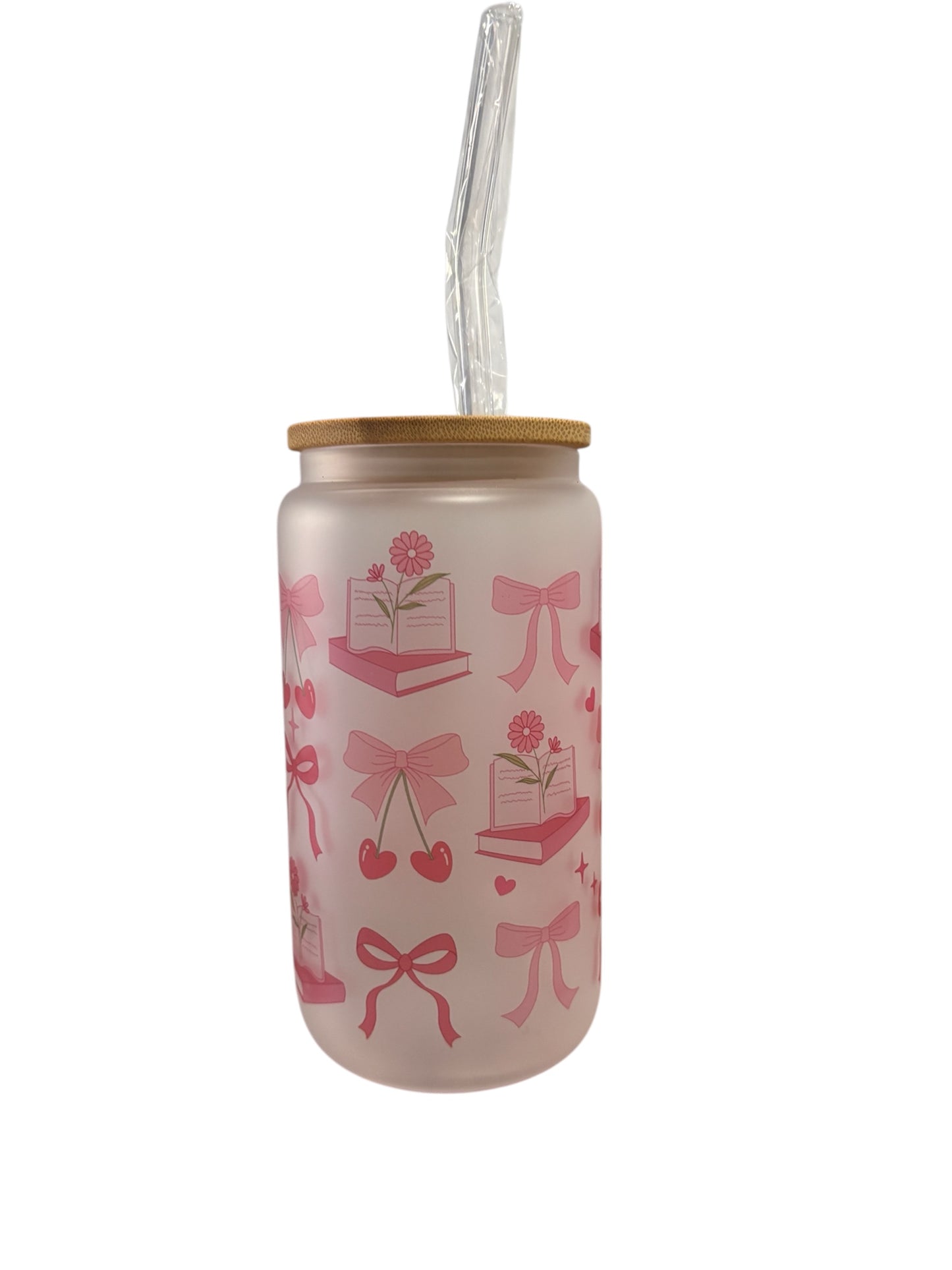 Classic Coquette Sublimated 16oz Frosted Libbey Glass Can with Bamboo Lid and reusable straw.