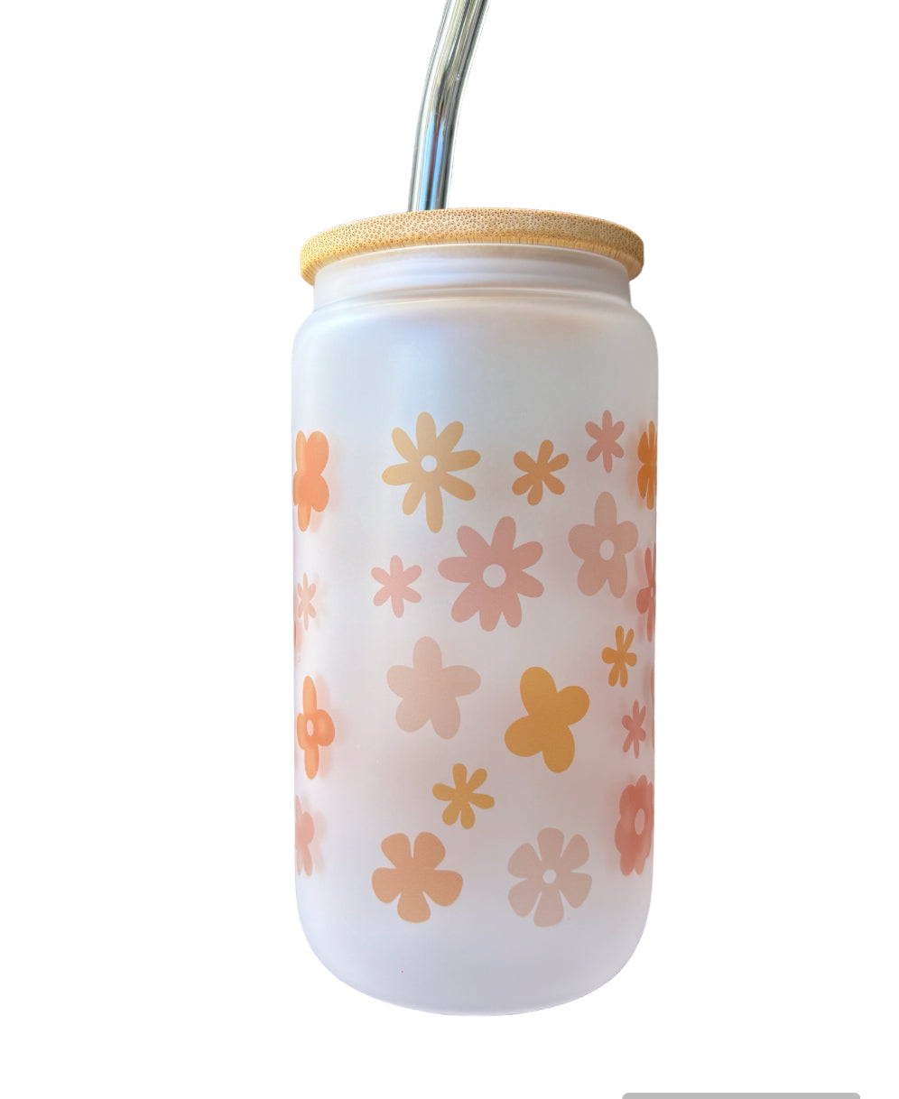 Colourful Flowers Sublimated 16oz Frosted Libbey Glass Can with Bamboo Lid and reusable straw.