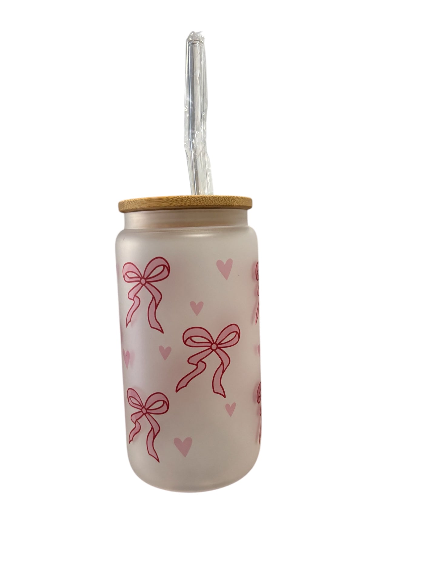 Bows Sublimated 16oz Frosted Libbey Glass Can with Bamboo Lid and reusable straw.