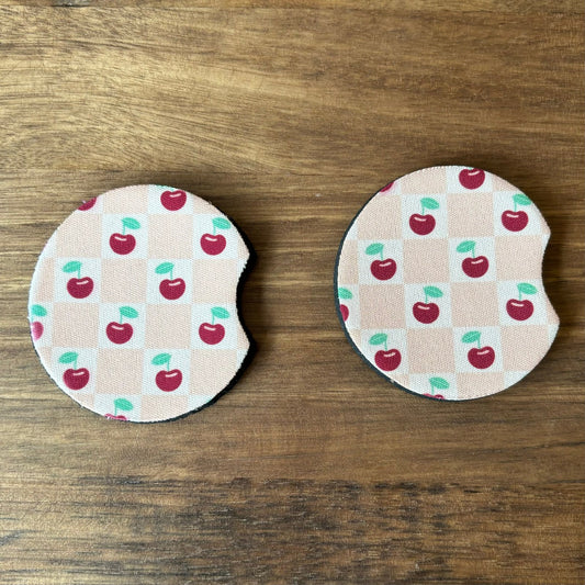 Cherries in Boxes Coquette Car Coasters Pack of 2, Cup Holder Coasters