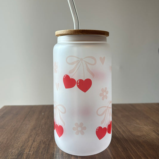 Coquette Sublimated 16oz Frosted Libbey Glass Can with Bamboo Lid and reusable straw.
