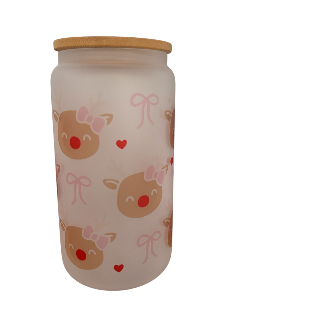 Cute Reindeer Sublimated 16oz Frosted Libbey Glass Can with Bamboo Lid and reusable straw.