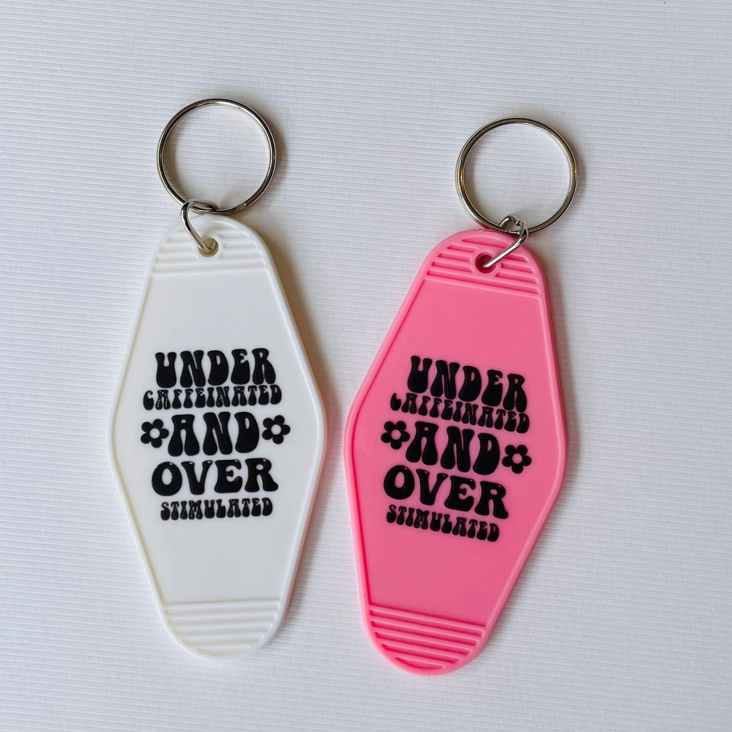 Under Caffeinated Over Stimulated Hotel / Motel Retro Keychain with UV DTF images