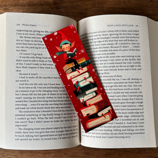 Elf on Book Stack Printed Bookmark