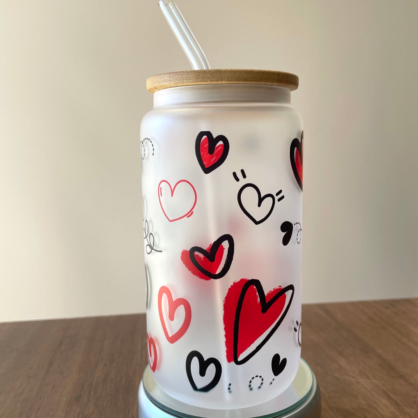 Hearts Sublimated 16oz Frosted Libbey Glass Can with Bamboo Lid and reusable straw.