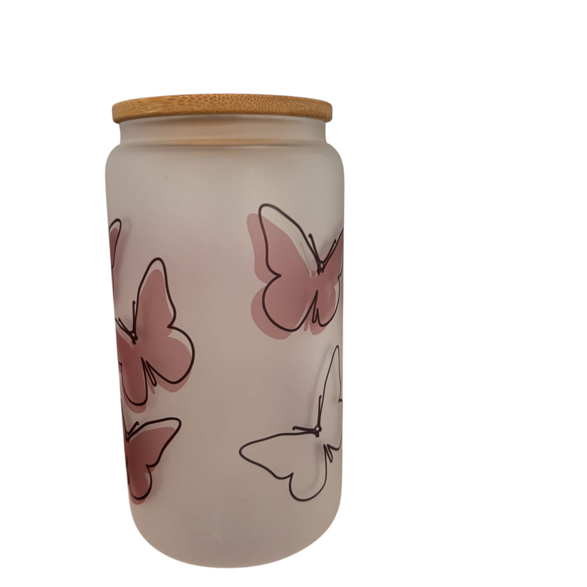 Butterfly Sublimated 16oz Frosted Libbey Glass Can with Bamboo Lid and reusable straw.