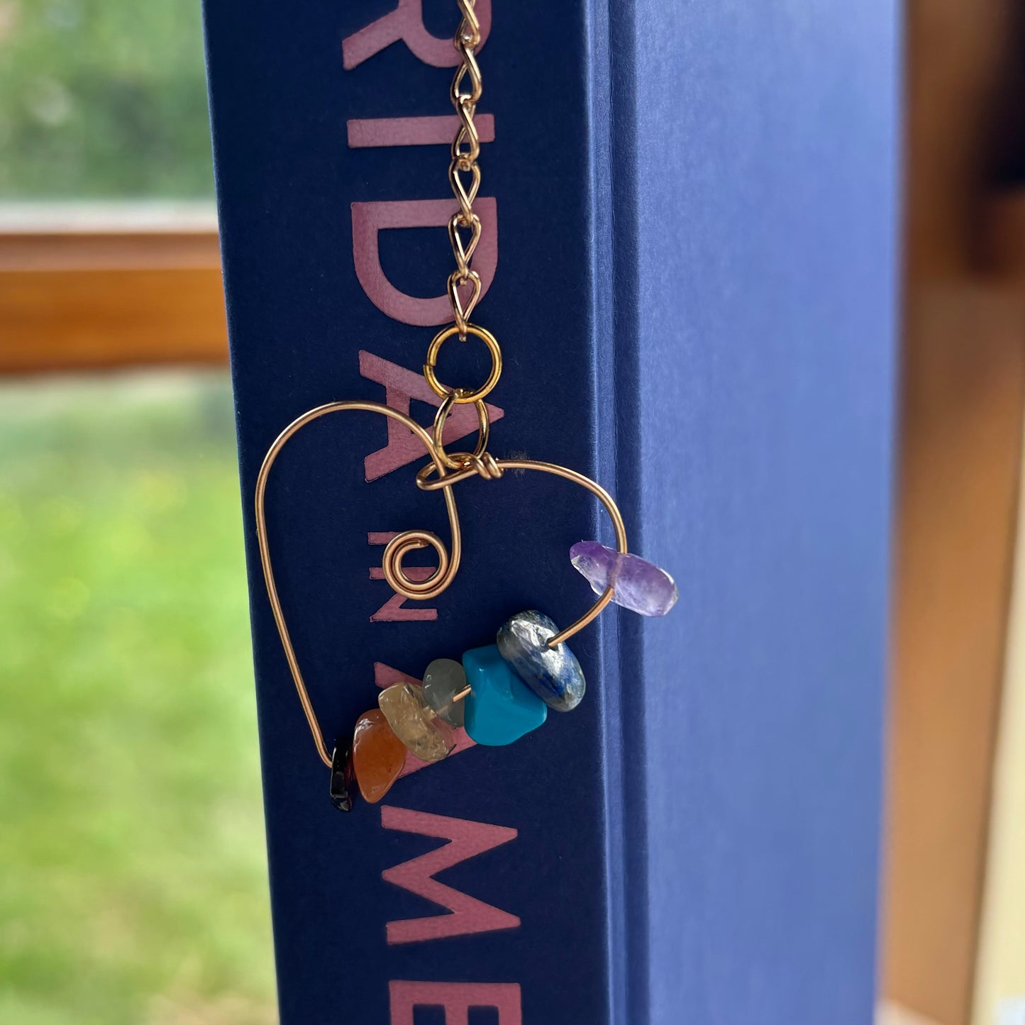 Gold Wire Heart with Stones on Gold Engraved Hook Bookmark