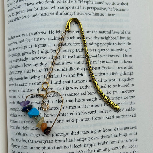 Gold Wire Heart with Stones on Gold Engraved Hook Bookmark
