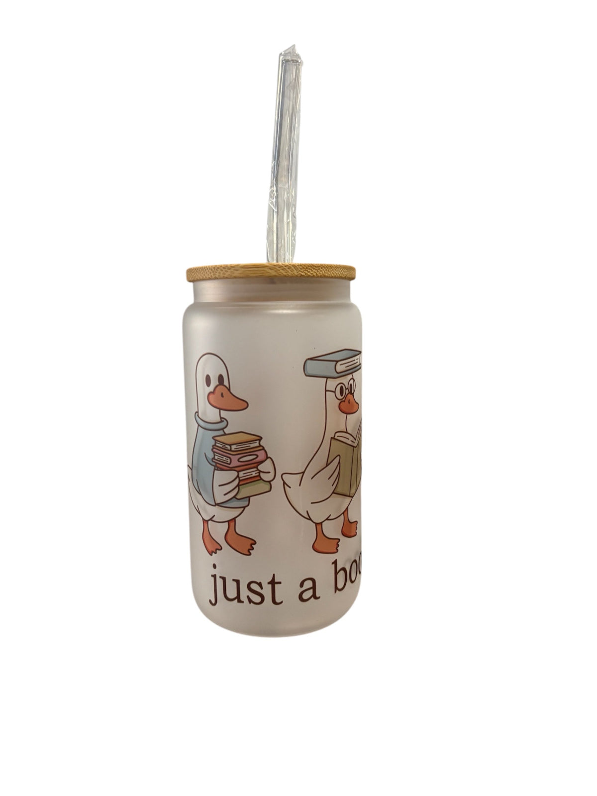 frosted tumbler with just a bookish goose