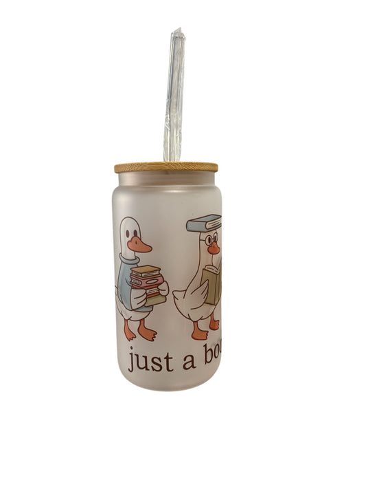 frosted tumbler with just a bookish goose