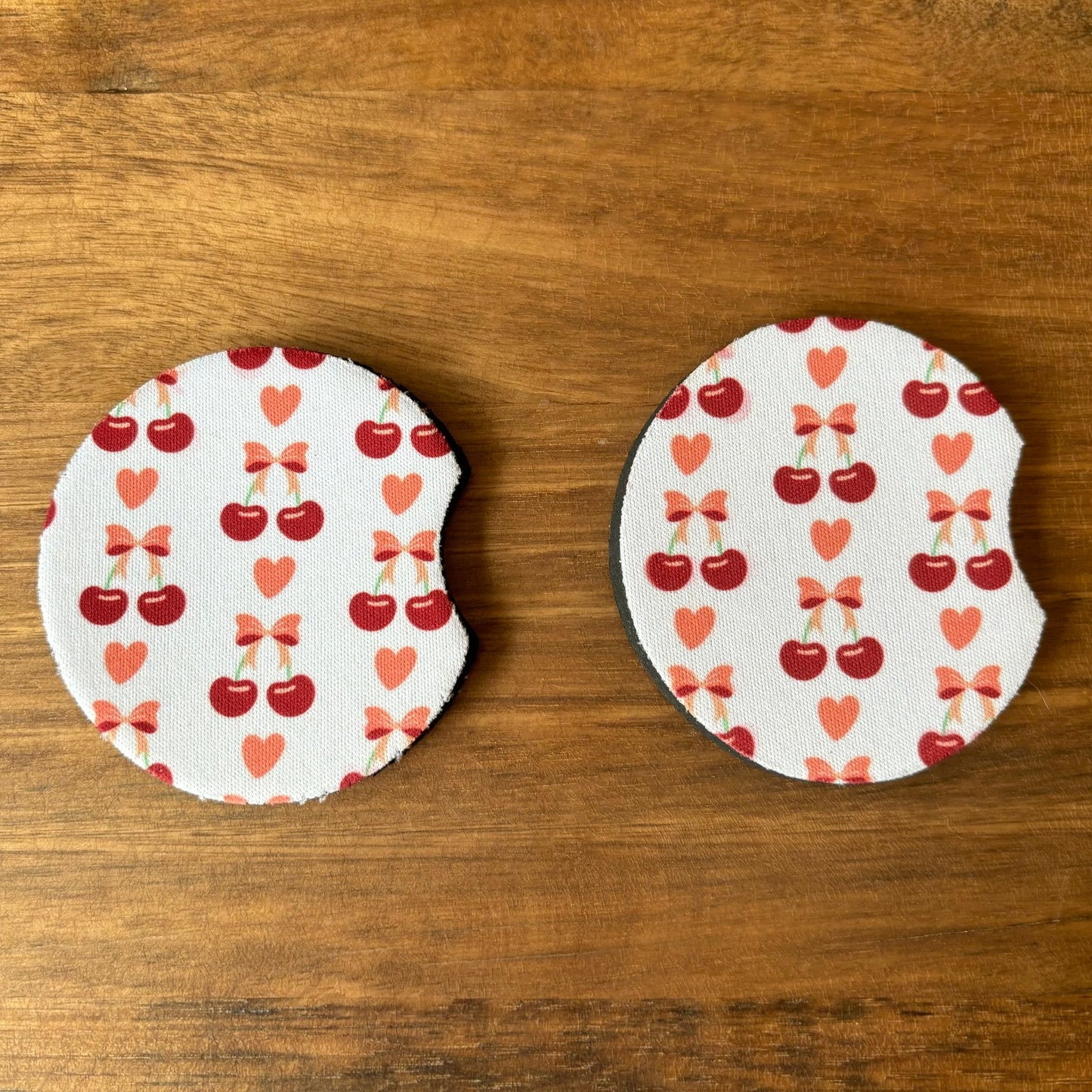 Cherries with Bow Coquette Car Coasters Pack of 2, Cup Holder Coasters