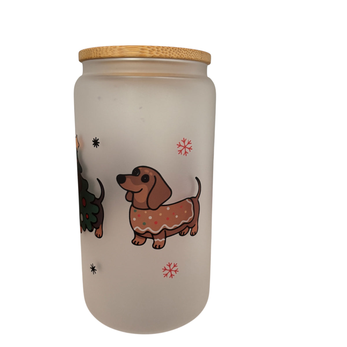 Sausage Dog Christmas Sublimated 16oz Frosted Libbey Glass Can with Bamboo Lid and reusable straw.