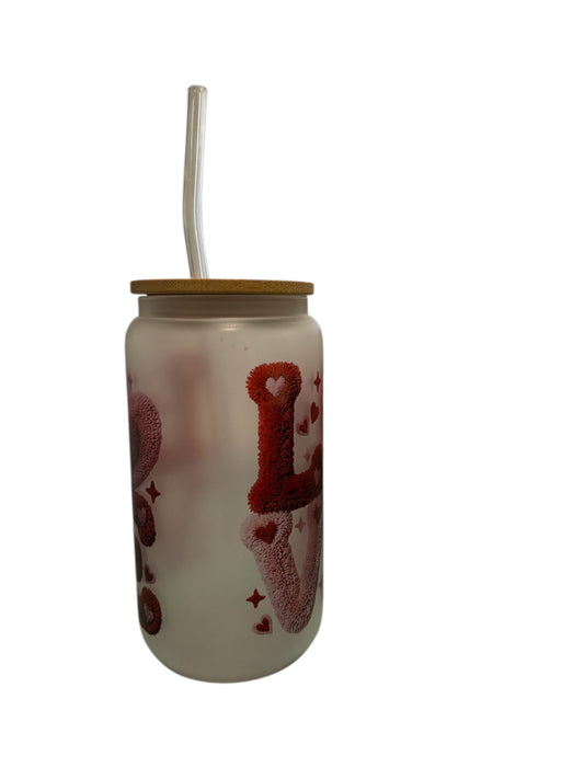LOVE Sublimated 16oz Frosted Libbey Glass Can with Bamboo Lid and reusable straw.