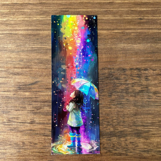Girl with Umbrella in Colourful Rain Printed Bookmark