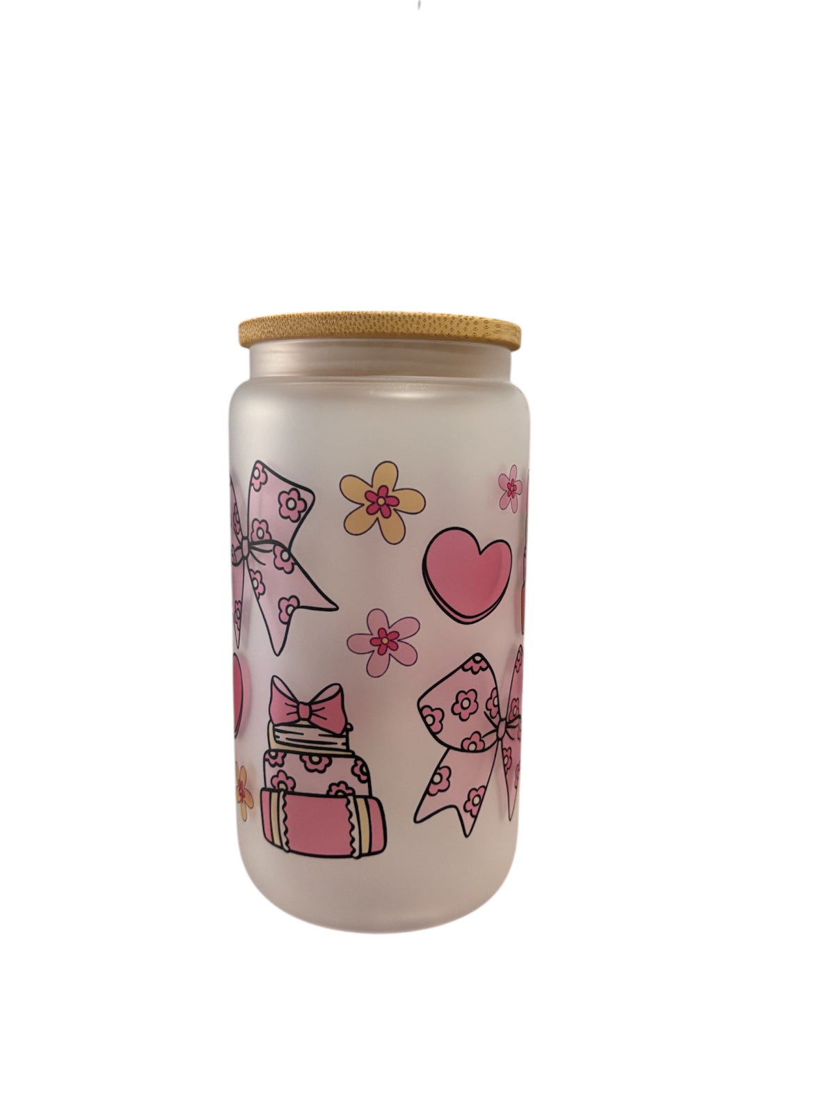 Fun Coquette Sublimated 16oz Frosted Libbey Glass Can with Bamboo Lid and reusable straw.