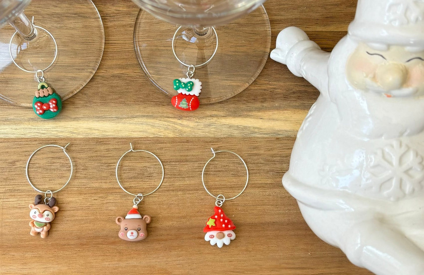 Christmas Silver 25mm Wine Glass Charm Rings with Resin Charms