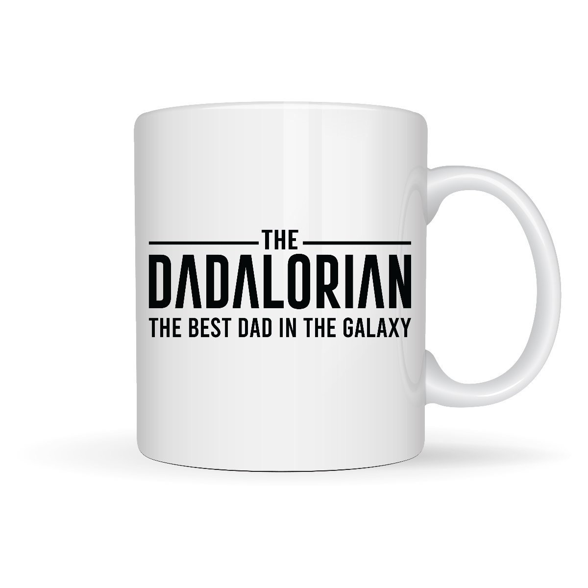 White mug with black text 'The Dadalorian: The Best Dad in the Galaxy' on a white background