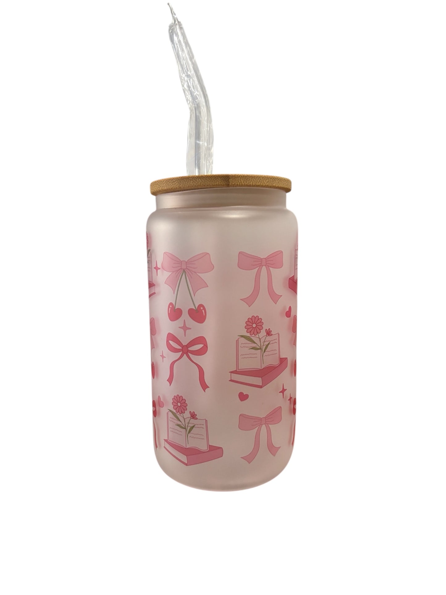 Classic Coquette Sublimated 16oz Frosted Libbey Glass Can with Bamboo Lid and reusable straw.