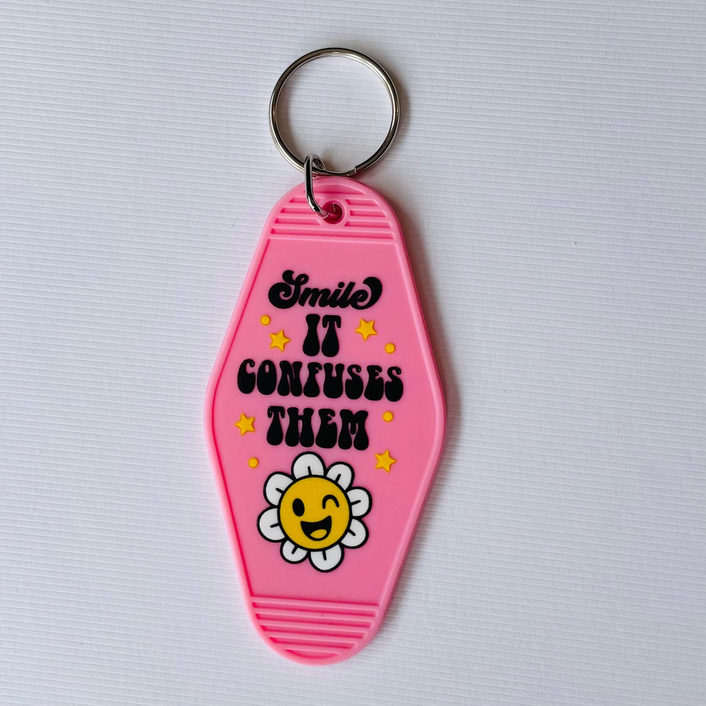 Smile It Confuses Them Hotel / Motel Retro Keychain with UV DTF images