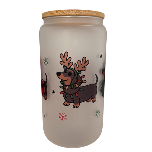 Sausage Dog Christmas Sublimated 16oz Frosted Libbey Glass Can with Bamboo Lid and reusable straw.
