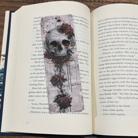 skull and roses on bookmark