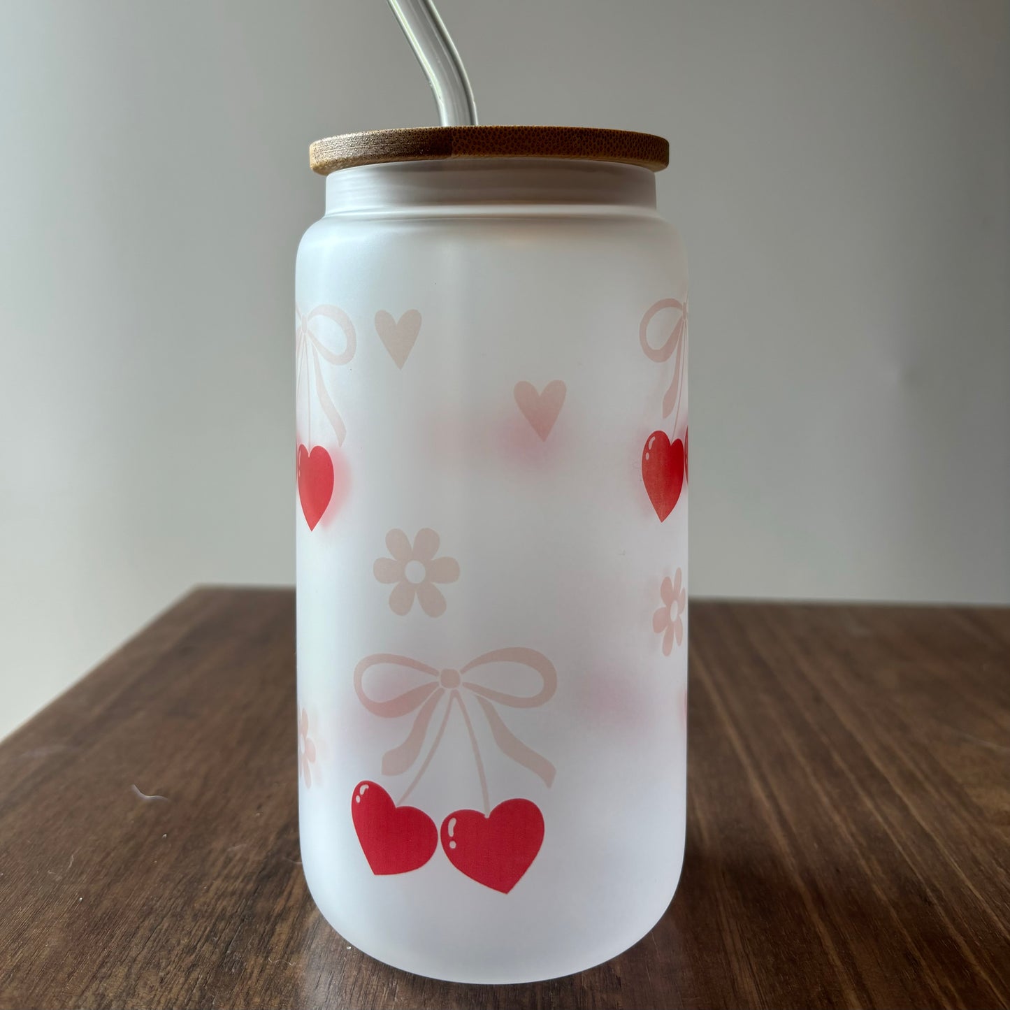 Coquette Sublimated 16oz Frosted Libbey Glass Can with Bamboo Lid and reusable straw.