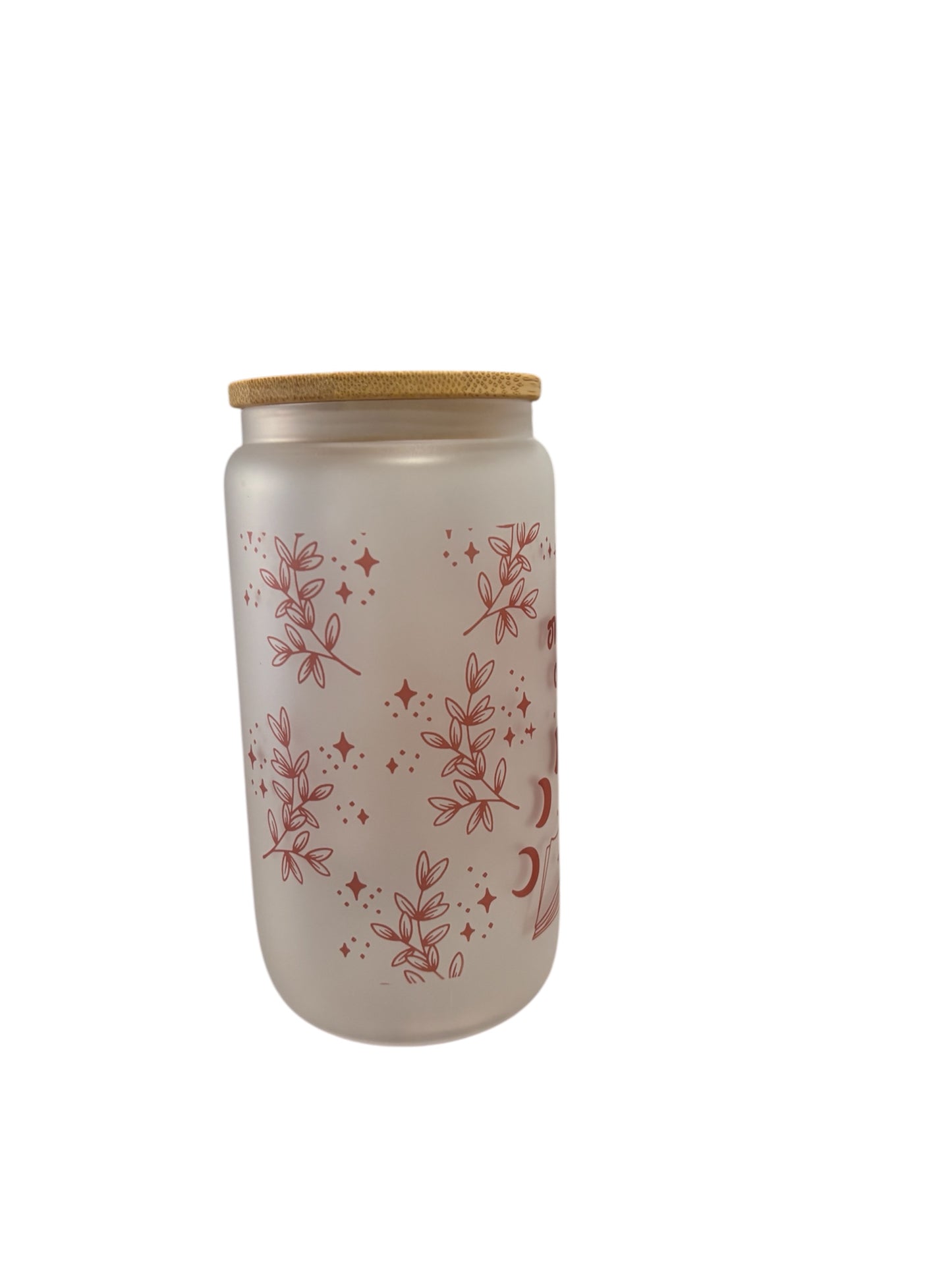 Just One More Chapter Sublimated 16oz Frosted Libbey Glass Can with Bamboo Lid and reusable straw.