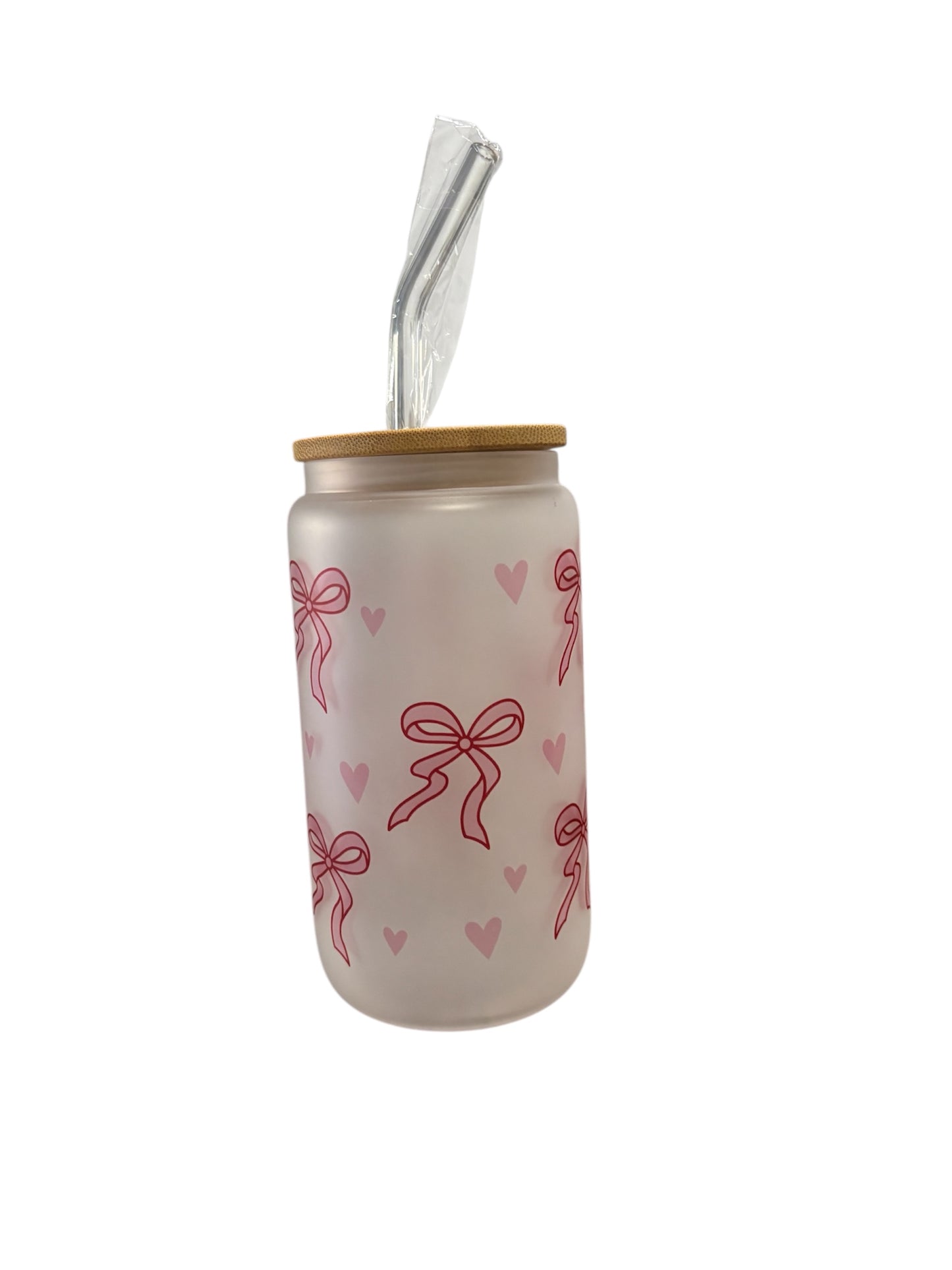 Bows Sublimated 16oz Frosted Libbey Glass Can with Bamboo Lid and reusable straw.
