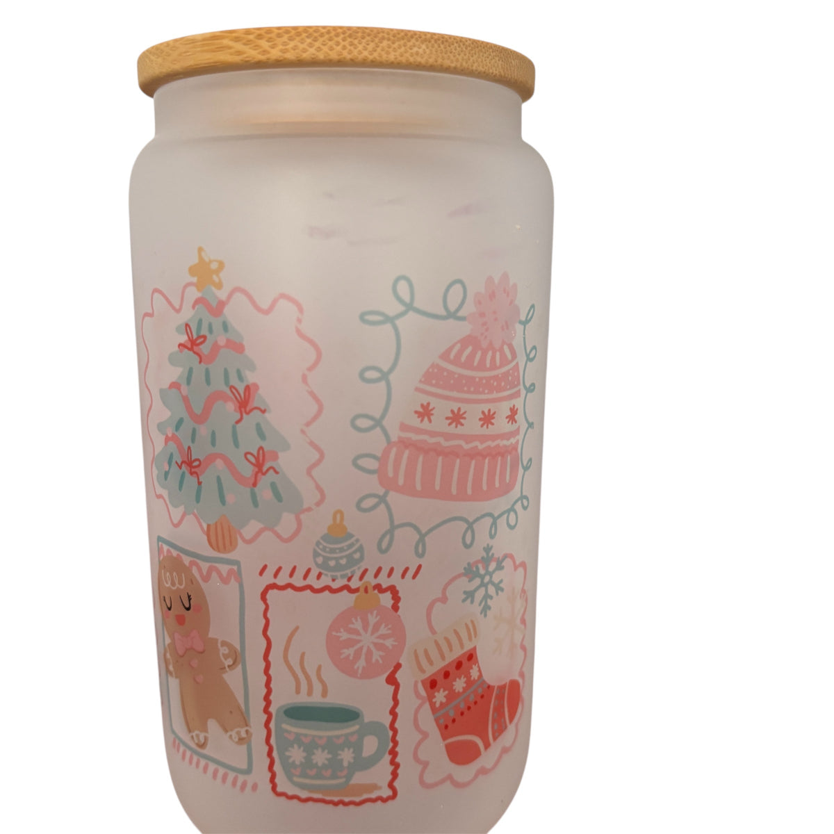 Christmas Stamps Sublimated 16oz Frosted Libbey Glass Can with Bamboo Lid and reusable straw.