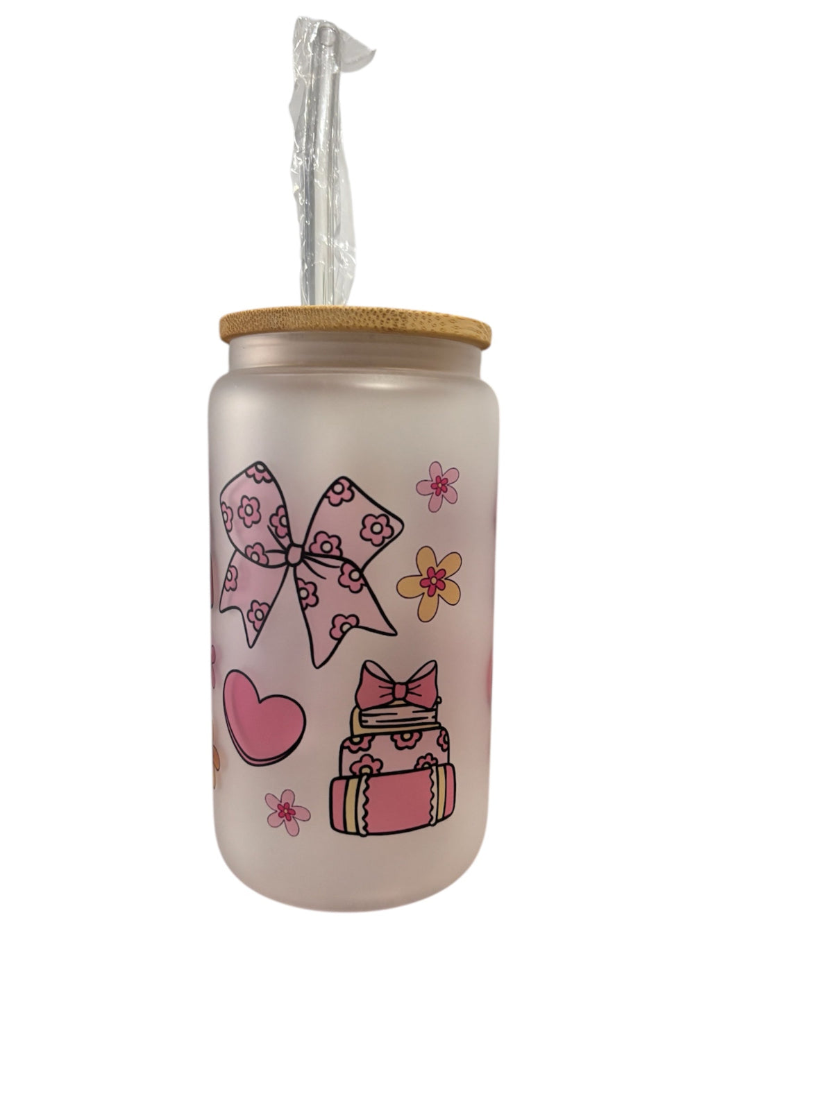 Fun Coquette Sublimated 16oz Frosted Libbey Glass Can with Bamboo Lid and reusable straw.