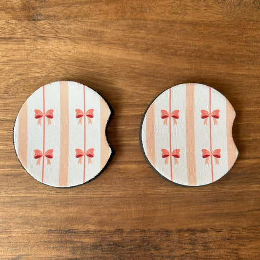 Bows and Stripes Coquette Car Coasters Pack of 2, Cup Holder Coasters