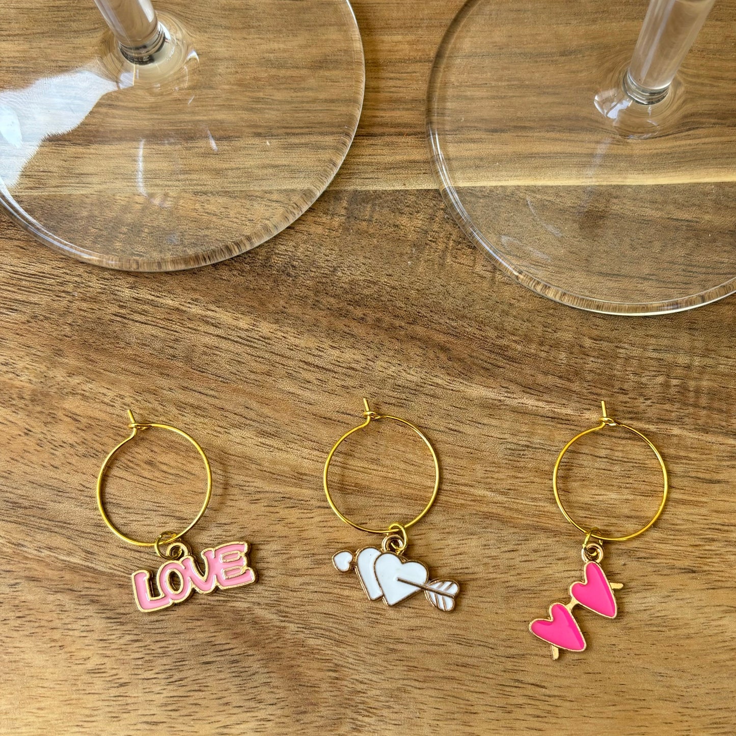 Love and Hearts Themed Gold 20mm Wine Glass Charm Rings
