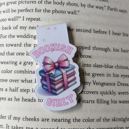 magnetic bookmark with 'Bookish Girly' design on a book page