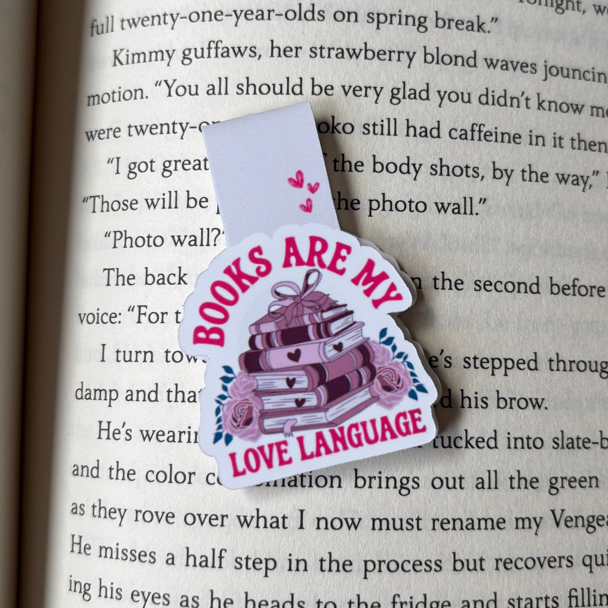 mafnetic bookmark with 'Books are my love language' text on a book page