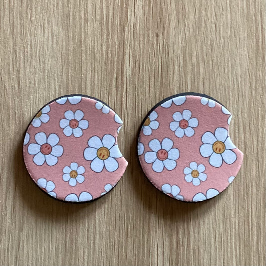 Flowers on Pink Car Coasters Pack of 2, Cup Holder Coasters