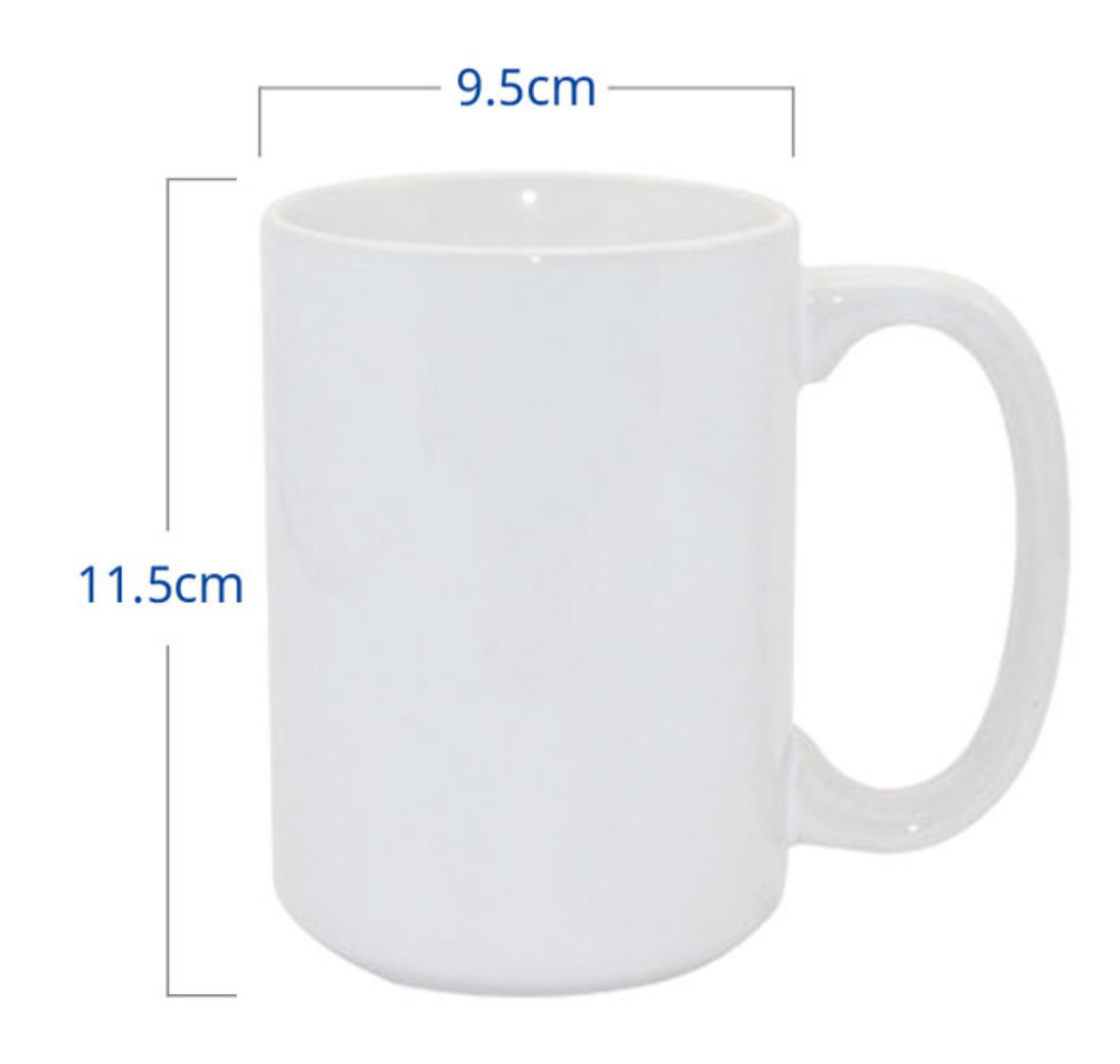 A white ceramic mug with a handle on a white background, overlaid with blue dimension lines and text showing a width of 9.5cm and a height of 11.
