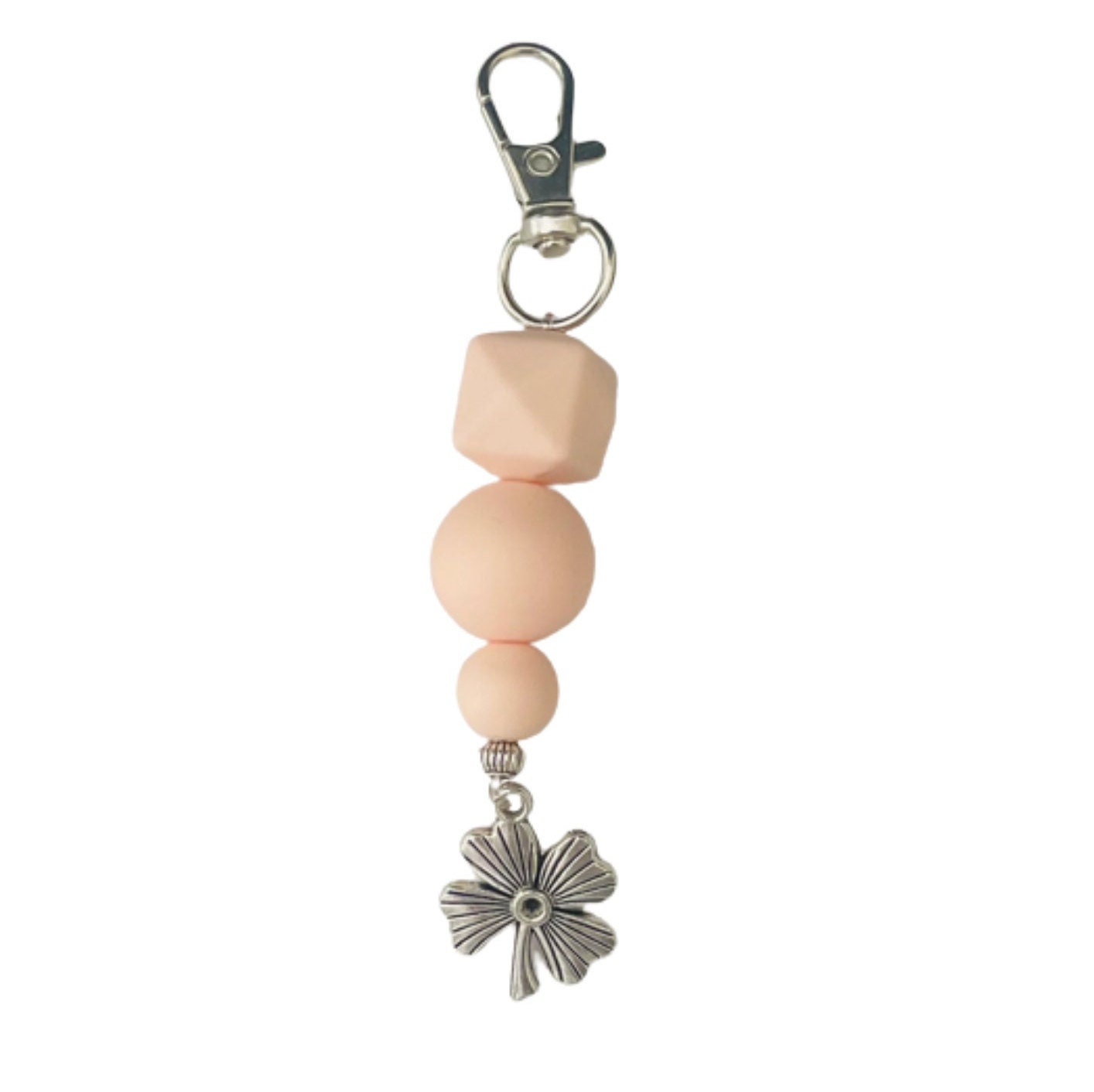 Light Pink Matte Bead Keyring with Lobster Clasp and Four Leaf Clover Charm,