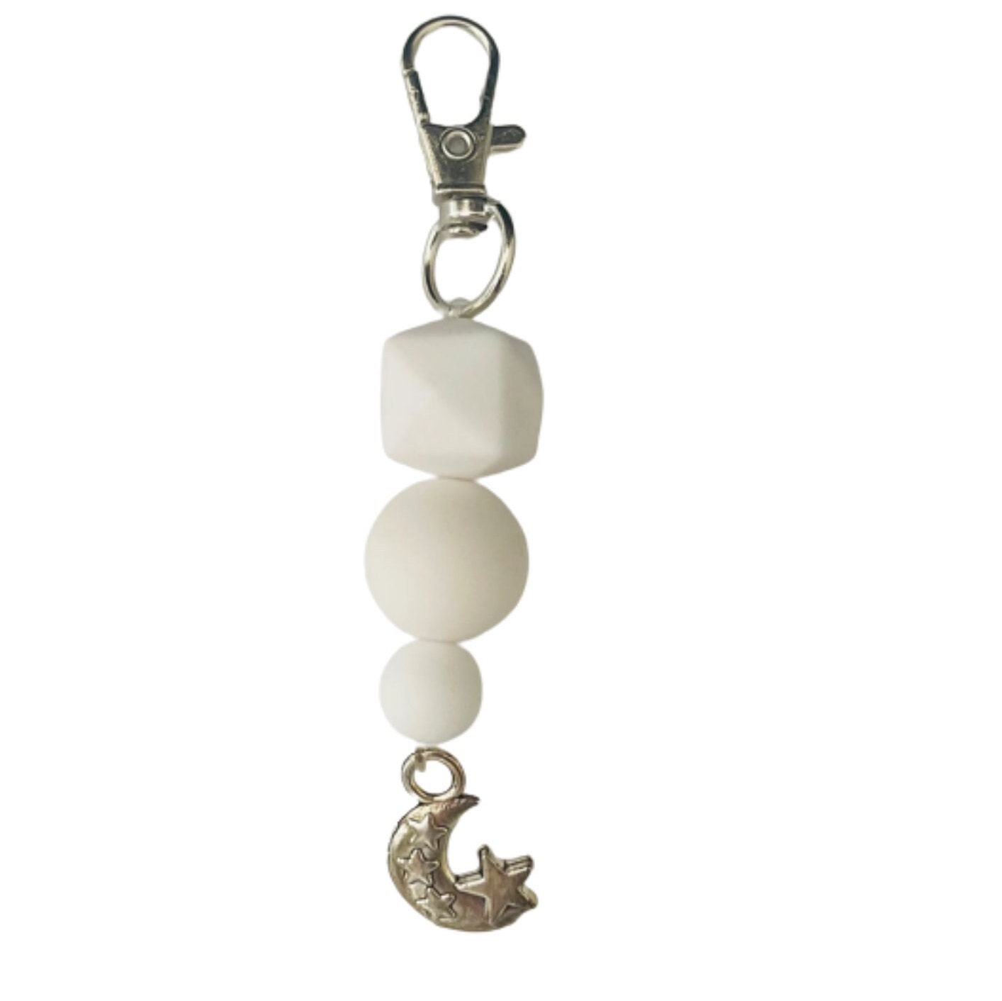 White Matte Bead Keyring with Lobster Clasp and Moon with Stars Charm