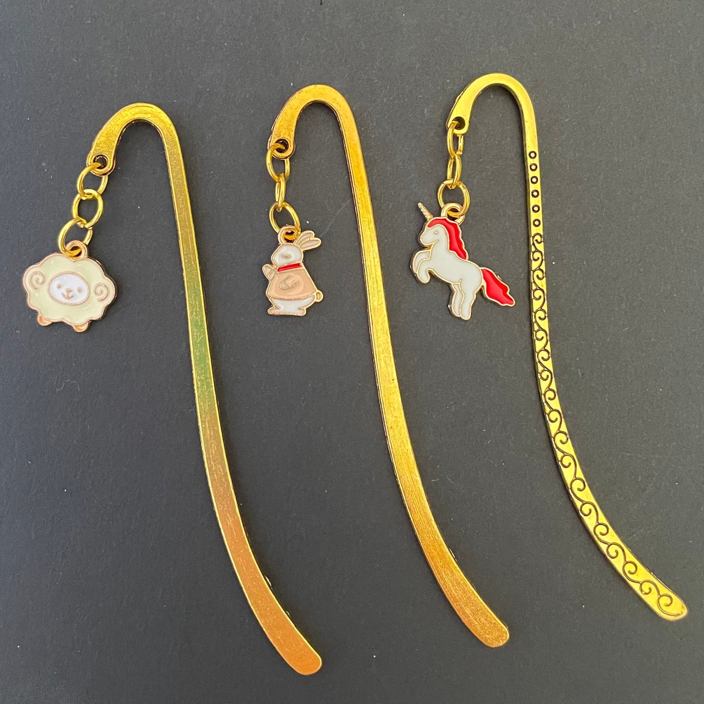 Tibetan Gold Engraved Hook Bookmark with Animal Gold Charms