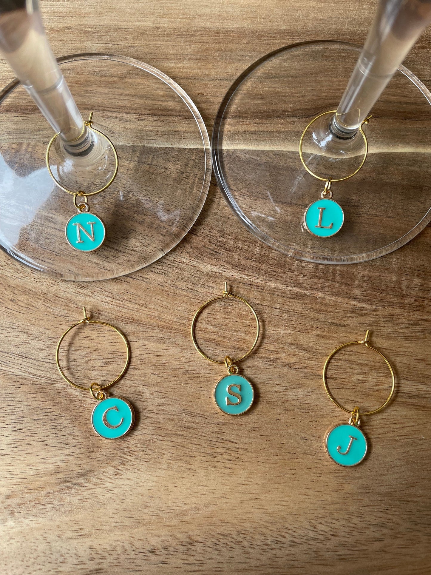 Teal Individual Gold 20mm Wine Glass Charm Rings with Alphabet Charm