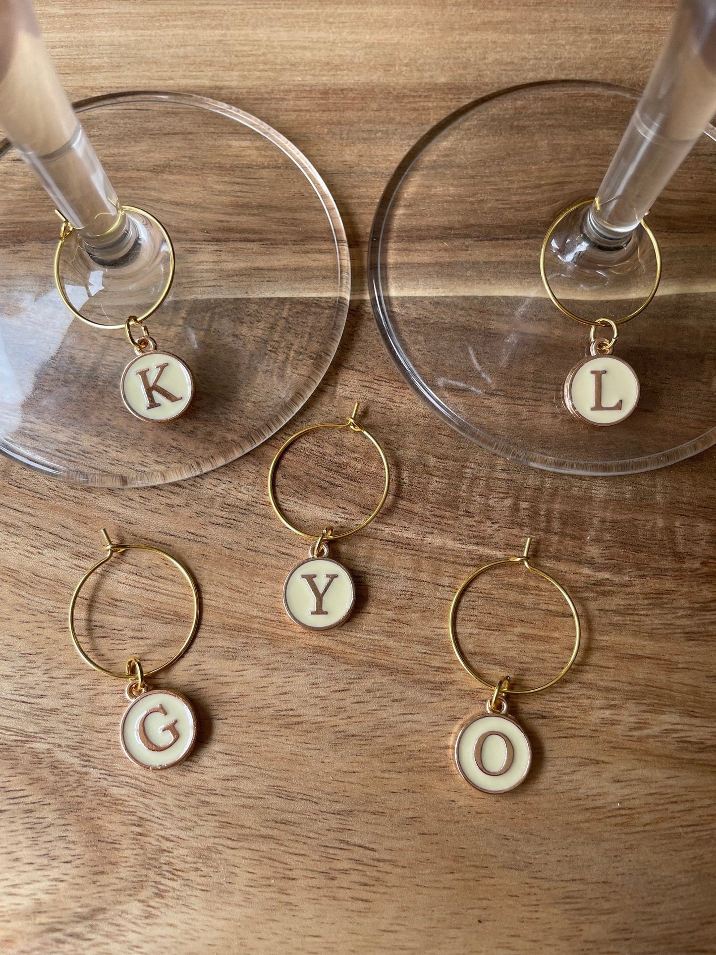 CHAMPAGNE Individual Gold 25mm Wine Glass Charm Rings with Alphabet Charm