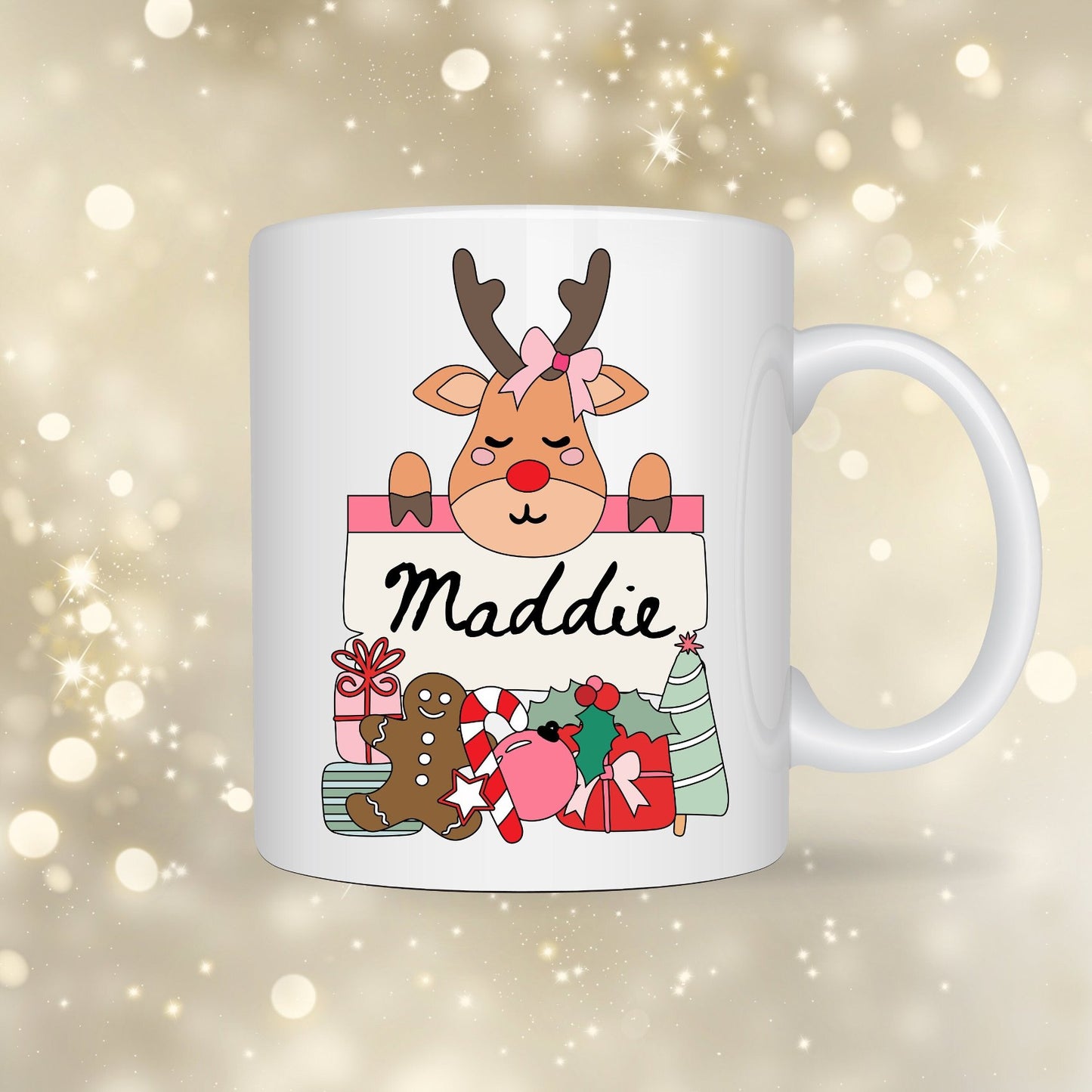 Christmas Themed White Ceramic Mugs 11oz or 15oz, personalise with name, reindeer, gingerbread man, boy or girl, baubles, present, gift